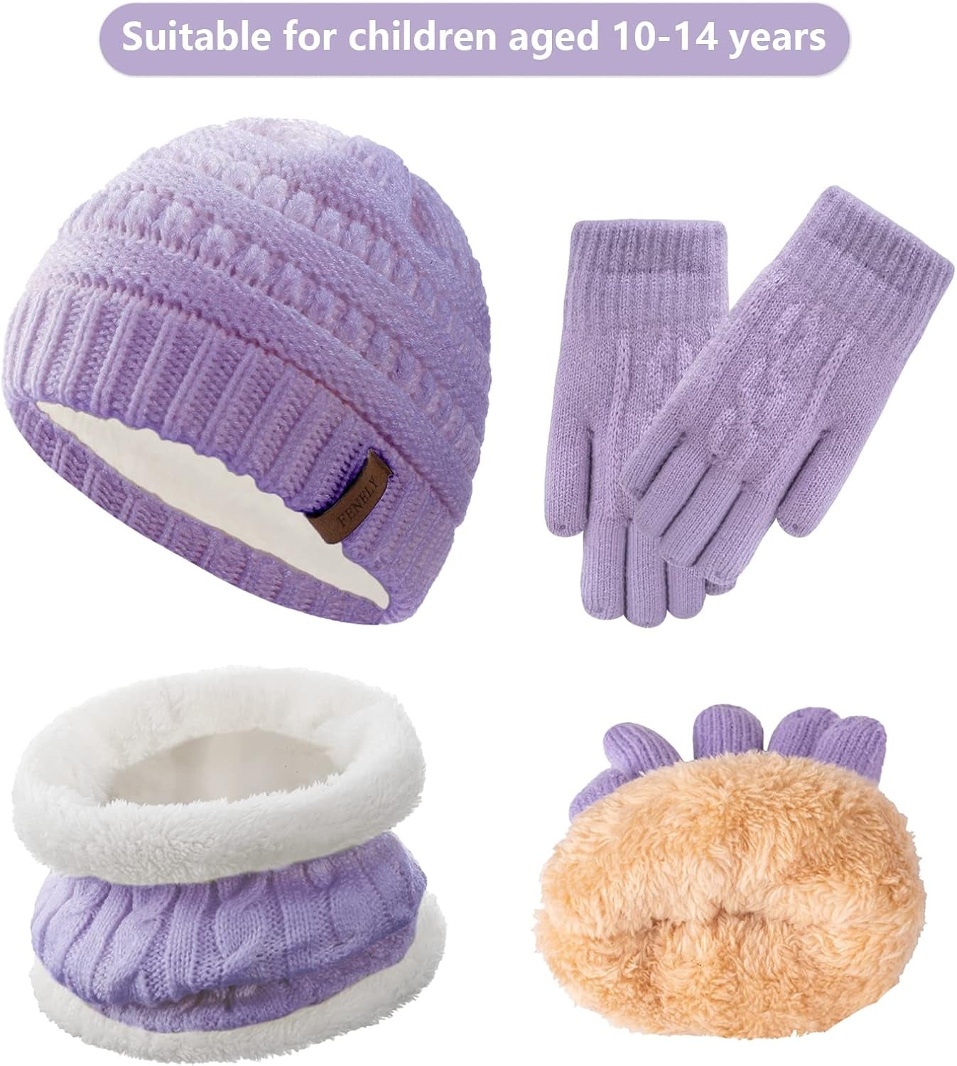 3Pcs Kids Winter Beanie Hat Scarf Gloves Set for 2-6-10-14 Years Old Boys Girls, Knit Thick Warm Fleece Lined Thermal Sets